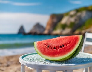 Close up of a slice of watermelon on a table outdoor. Blurred panorama with beach and a beautiful...