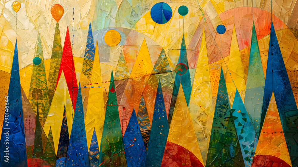 Poster abstract spectacle with luminous geometric emblems. including cones and polygons in yellows