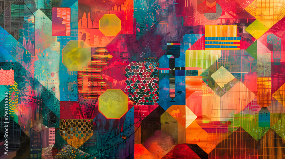 Poster abstract view with dazzling geometric icons. integrating cylinders and octagons in reds