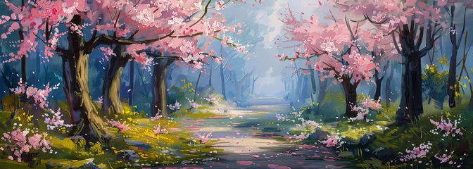 Plexiglas foto achterwand Enchanted forest path with blooming cherry blossoms and dappled sunlight © volga
