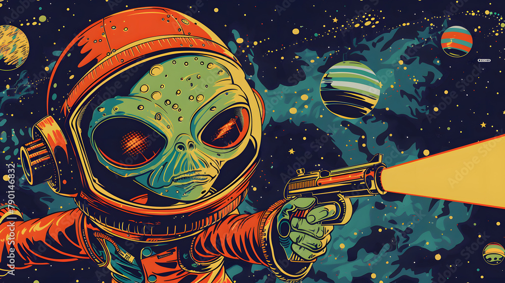Poster alien with a space helmet and a ray gun. floating in outer space