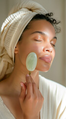 Woman using a jade roller on her face in a serene spa setting, gentle motion, soft natural light...