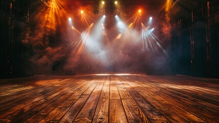 Dramatic concert stage with vibrant lighting and smoke effects
