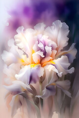 beautiful vibrant white-purple iris flowers  against colorful abstract  background.  Digital art in paint watercolor style. Ai generated