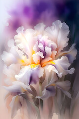 Fototapeta premium beautiful vibrant white-purple iris flowers against colorful abstract background. Digital art in paint watercolor style. Ai generated