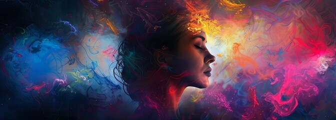 Surreal portrait of a woman amidst vibrant abstract colors - obrazy, fototapety, plakaty