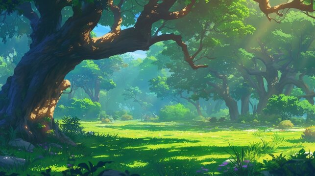 Immersed in the heart of a lush forest lies a picturesque glade serving as the backdrop for a stunning nature landscape captured in cartoon 2d format