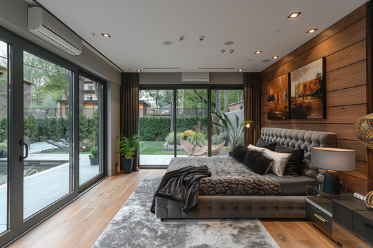  A photo of a modern bedroom with a large bed, a grey velvet headboard and gray fabric walls, a wood floor, glass doors to the garden in the background. Created with Ai