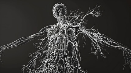 An elaborate illustration of the lymphatic system. emphasizing the complex lymph vessels and fluid circulation paths. The setting is black to accentuate these detailed designs. 