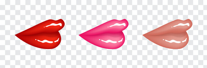 Beautiful bright sexy glossy female lips in red, pink and beige nude colors. Set of isolated vector illustrations on white background