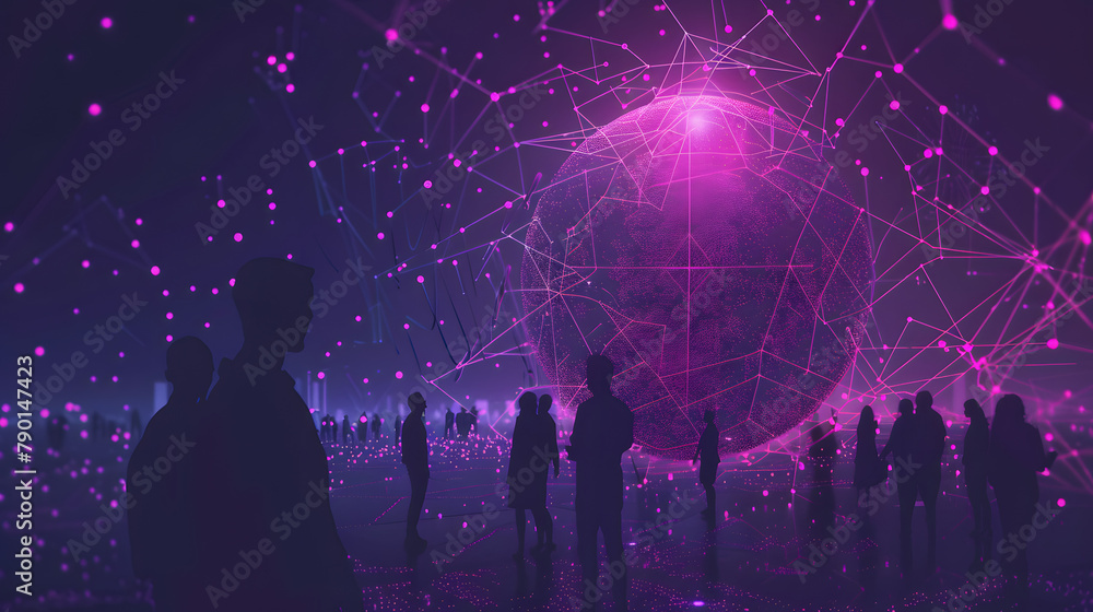 Poster an electronic sphere enveloped by internet nodes. with shadows of entrepreneurs interacting with it 