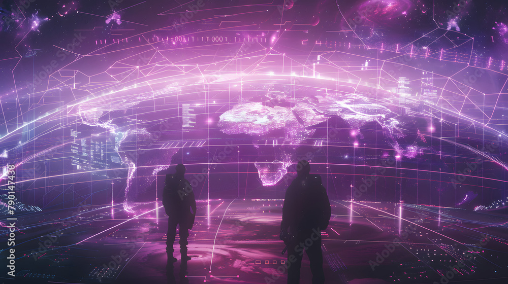Poster an electronic world ringed by data streams. with forms of strategists studying it from different per