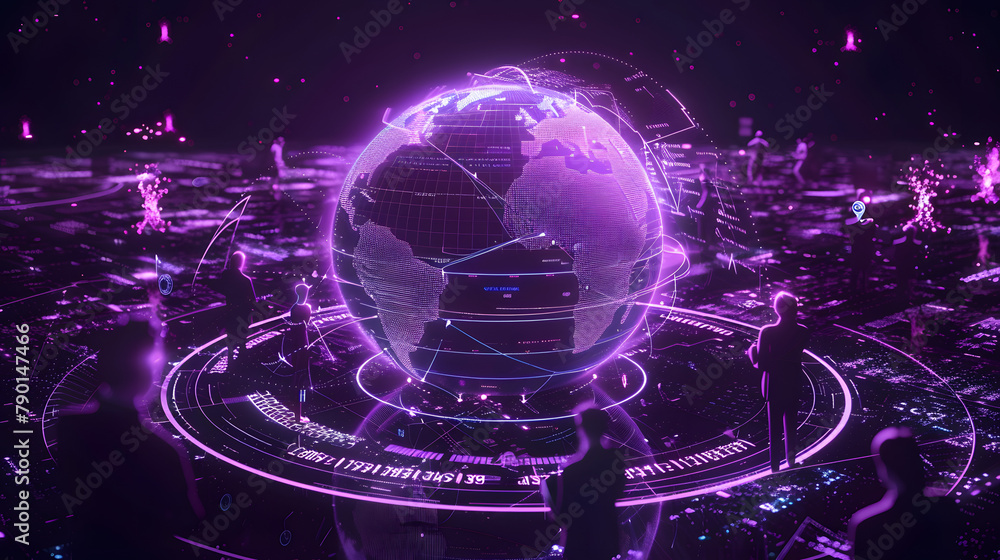 Poster an electronic world ringed by data streams. with forms of strategists studying it from different per