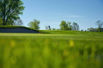 a person on a golf course on a sunny day - obrazy, fototapety, plakaty