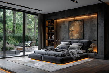 A modern bedroom with large windows and sliding doors leading to an outdoor pool area, featuring a grey velvet headboard bed in the center of the room, a plush rug on the wooden floor. Created with Ai - obrazy, fototapety, plakaty