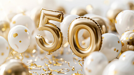 Stockphoto, Background for a 50 years birthday, golden wedding anniversary, golden numbers on a white background. Golden and white balloons. Golden numbers, text "50". Party invitation, menu.