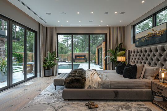  Photo of the master bedroom in an upscale modern home with large windows, sliding glass doors leading to a patio and pool, a gray velvet headboard on the bed, a plush rug on the wood floor. 