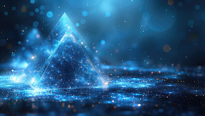 Blue background with a pyramid shape, glowing light particles and blue lights in the foreground. Created with Ai - obrazy, fototapety, plakaty