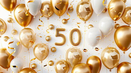 Stockphoto, Background for a 50 years birthday, golden wedding anniversary, golden numbers on a white background. Golden and white balloons. Golden numbers, text "50". Party invitation, menu.
