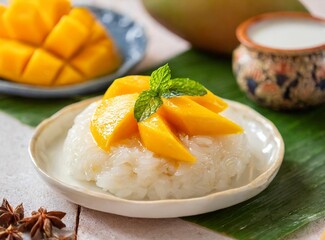 Mango sticky rice- Sweet sticky rice served with fresh mango and coconut milk.Southeast Asia