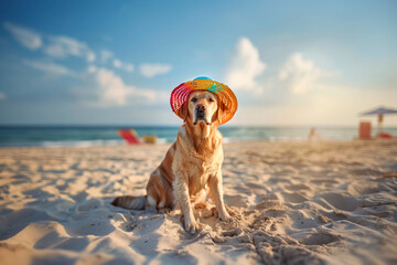 A Labrador dog wearing a bright colored sun hat sits on the sand at a sea beach. Concept of travel, vacation, rest. Copy space. - 790147870