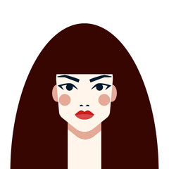 Brunette Woman Avatar Portrait Icon. Flat Style Female Character Face. Simple Graphic Girl Cartoon 2d Illustration. Lady with Brown Long Hair. Beauty Person Icon Design. 