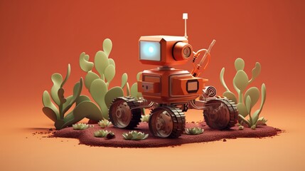 A minimal cartoon Mars rover made of aluminum, discovering charming flame-colored plants that dance to cosmic winds, 