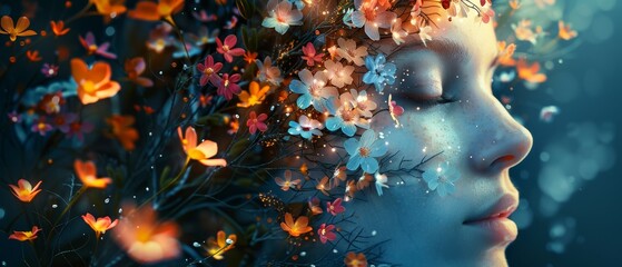 A girl with flowers growing on her head and shoulder - obrazy, fototapety, plakaty