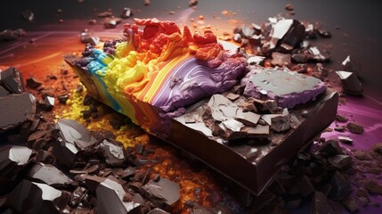 A Stone Age chef inventing luxury chocolate, inspired by a rainbow appearing after a gamma-ray burst in a dendrology park, - obrazy, fototapety, plakaty