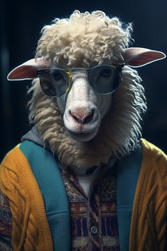 A sheep from a biblical narrative unexpectedly becomes a high-tech AI developer in the underground world, wearing hipster glasses , 