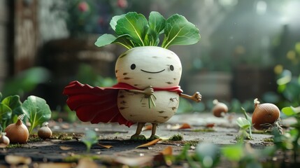 A cute radish superhero stands in a garden, wearing a red cape and a confident smile. - obrazy, fototapety, plakaty