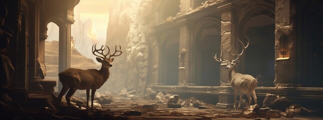 Sporty deer, evading hunters in the Stardust Savannah, find refuge in a cobweb castle guarded by a...