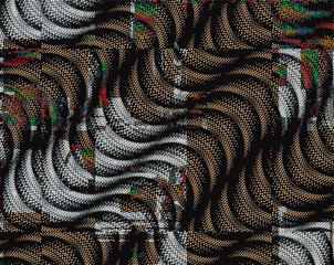Colorful retro psychedelic background. Monochrome background. Optical illusion style. Black dark background. Modern pattern. Abstract graphic texture. Graphic ornament. Vector template