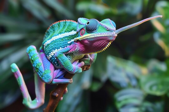 Frog with extended chameleon tongue, rainbow hues, surprise shot, daylight, high angle