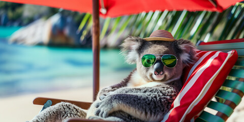 Cute koala in sunglasses and hat, relaxing on a chaise lounge under an umbrella against a backdrop of bright blue sea and palm trees. Travel and relaxation concept. - 790150240