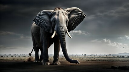 Fototapeta na wymiar elephant stands in a dirt field with a stormy sky above.