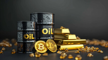 illustration of oil barrels with gold bricks and coins on grey background, macro 3d style, assets price concept