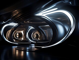 Curved Futuristic Sci-Fi Interior Design with Sleek Metallic Accents and Dynamic Lighting Effects