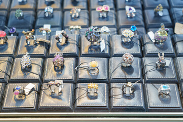 Glittering Diamond Rings on Display in High-End Jewelry Store