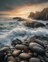 Obraz premium beautiful coastal landscape with rocky shores, the ocean, sunrise and a sky