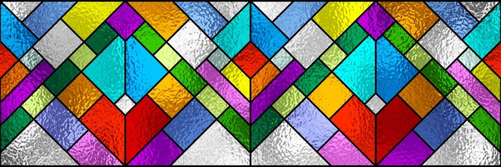 Stained glass window. Seamless geometric colorful stained-glass background. Art Deco decor for interior. Multicolor abstract pattern. Transparency. Art template for design luxury modern interior.