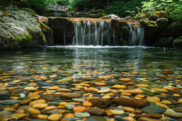 A crystal clear pool of water surrounded by vibrant, colorful pebbles in the heart of an ancient forest with a cascading waterfall. Created with Ai