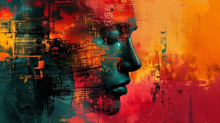 A colorful portrait of a woman with a glitch effect.