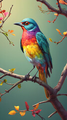 Imagine a vibrant tropical scene featuring a colorful bird of paradise perched on a lush green branch, surrounded by a variety of other birds in a natural setting