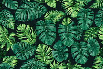 Lush Paradise: Dark Green Tropical Leaves Create Lush Background. generative AI
