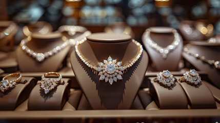 close up of expensive jewelry, diamond rings and necklaces, gold buyers, luxury - obrazy, fototapety, plakaty