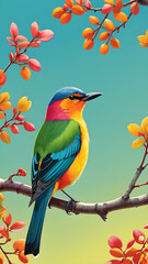 Fototapeta premium Imagine a vibrant tropical scene featuring a colorful bird of paradise perched on a lush green branch, surrounded by a variety of other birds in a natural setting
