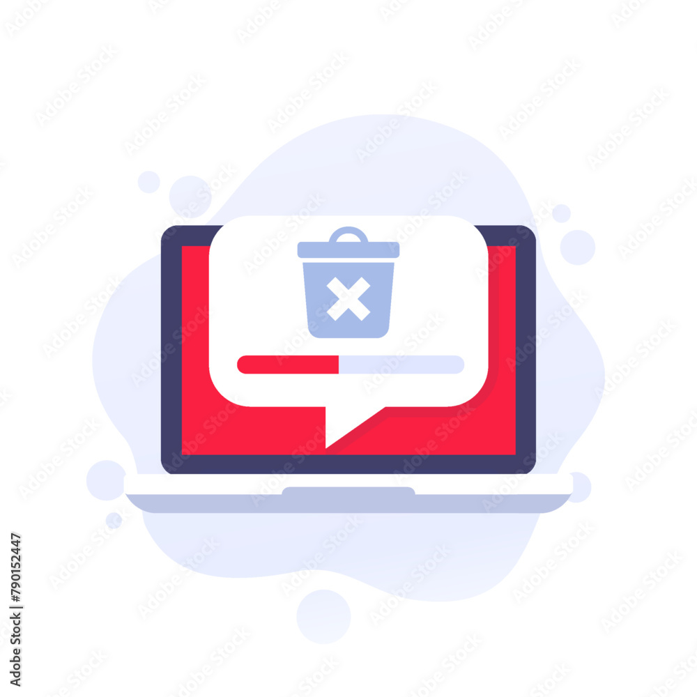 Poster delete files icon with a laptop, progress bar and trash bin
