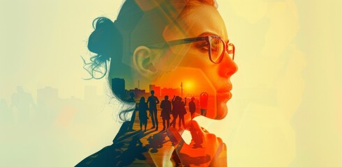 Double exposure of a business woman thinking and a cheering crowd silhouette, symbolizing creativity in digital marketing concept with copy space for your text or design.