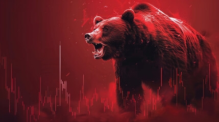 illustration of red bear, bear market, portfolio assets go down, trading market trends - obrazy, fototapety, plakaty